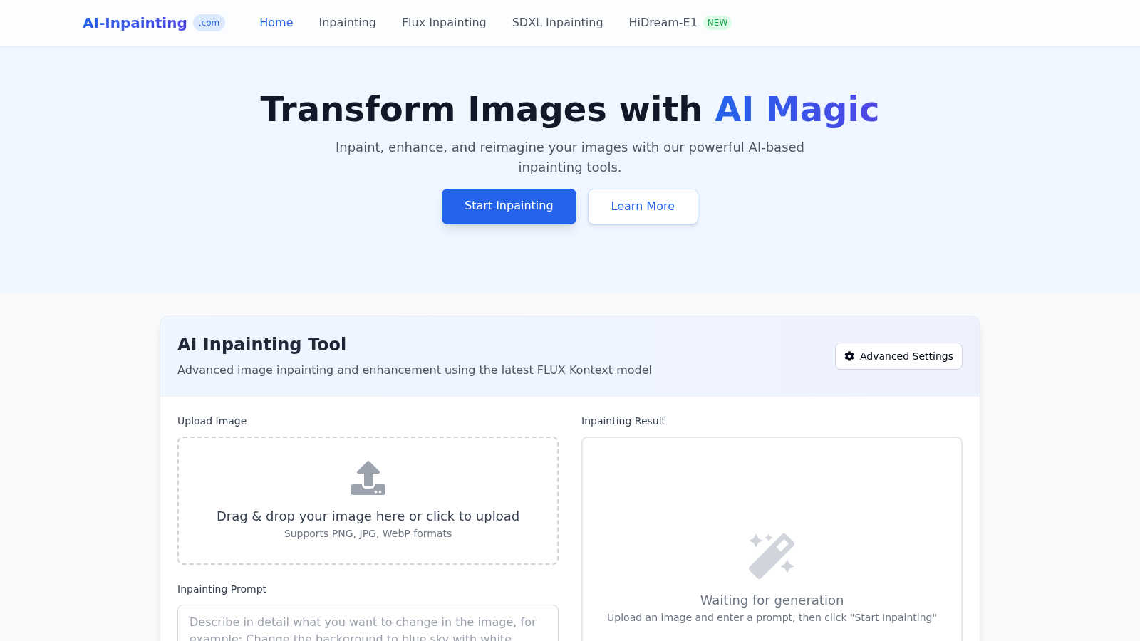 AI Inpainting application interface and features