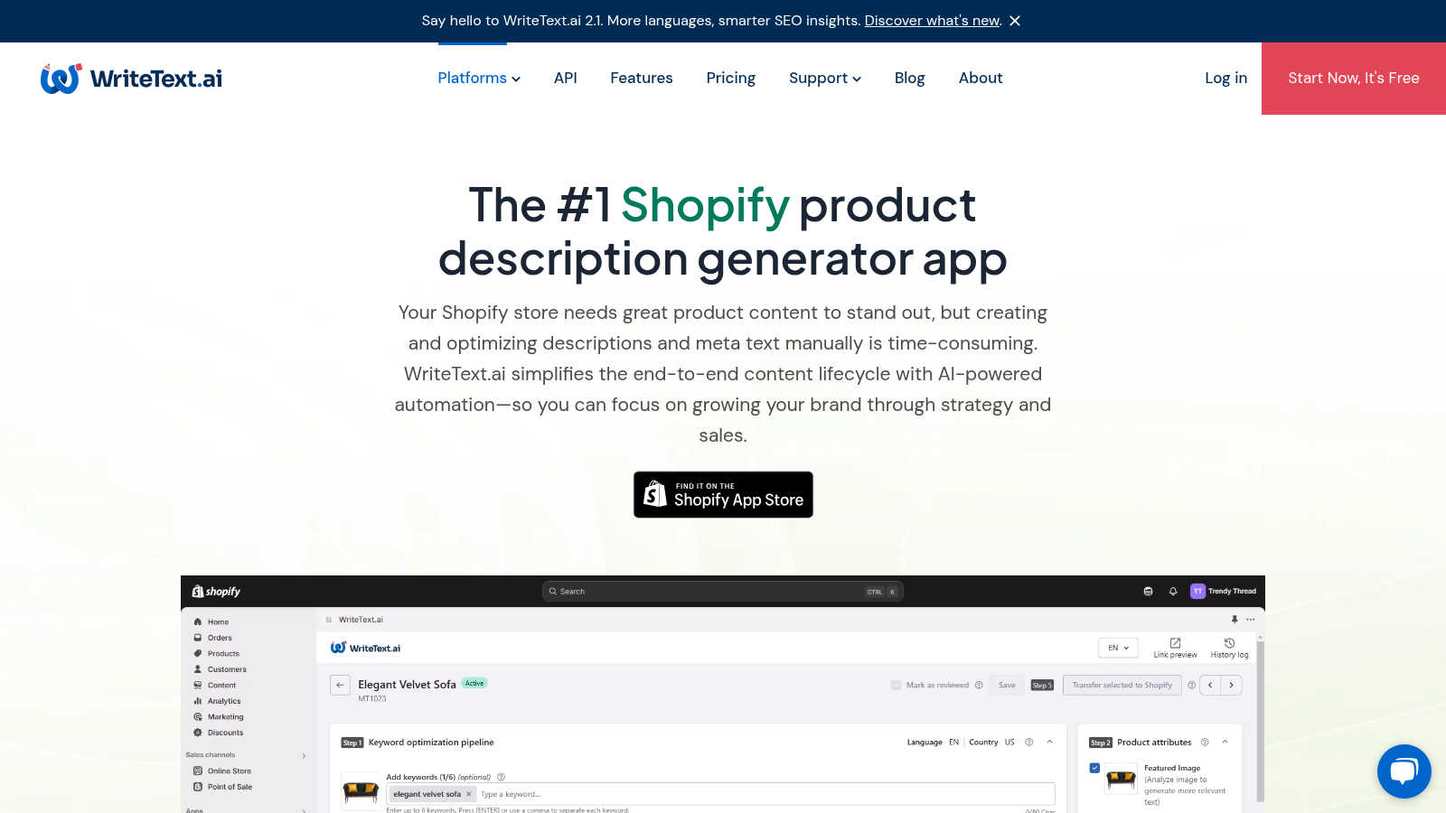 WriteText.ai for Shopify application interface and features
