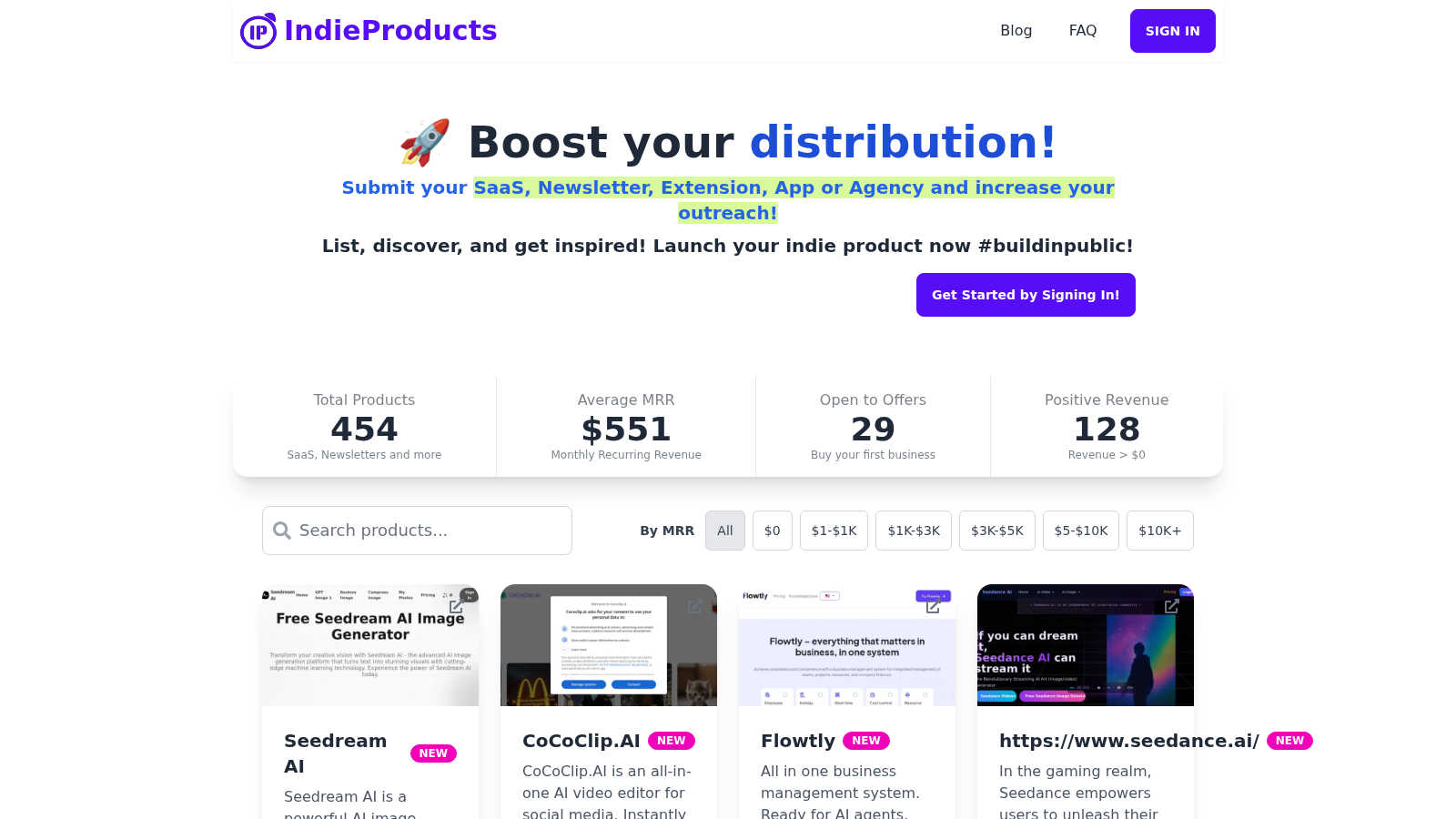Indie Products application interface and features