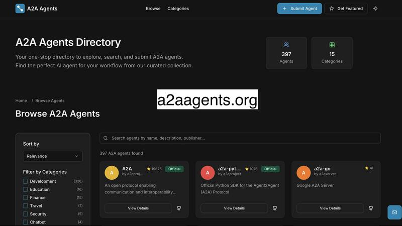 A2A Agents Directory application interface and features