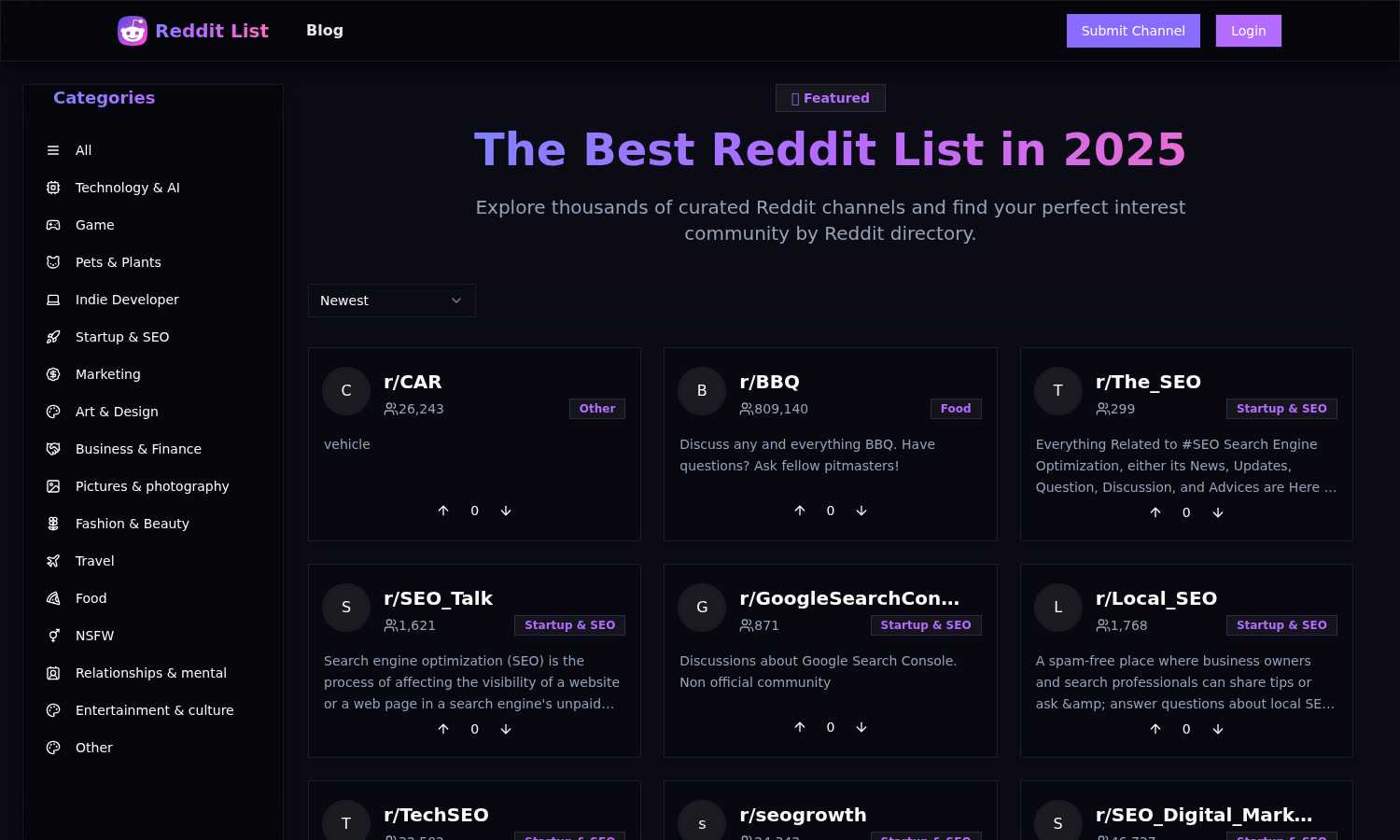 Reddit List application interface and features