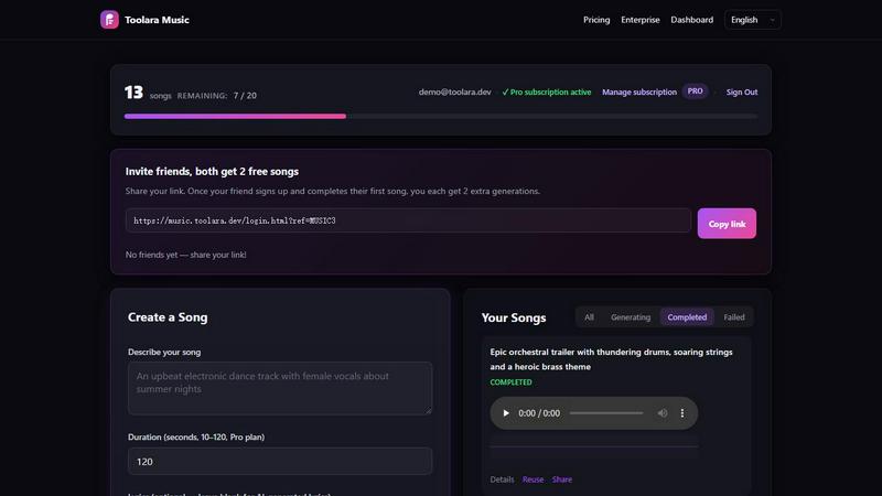 Toolara Music application interface and features
