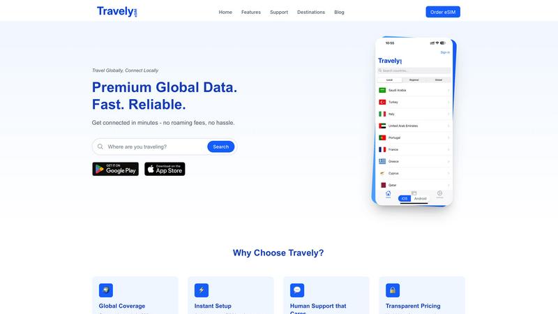 Travely eSIM application interface and features