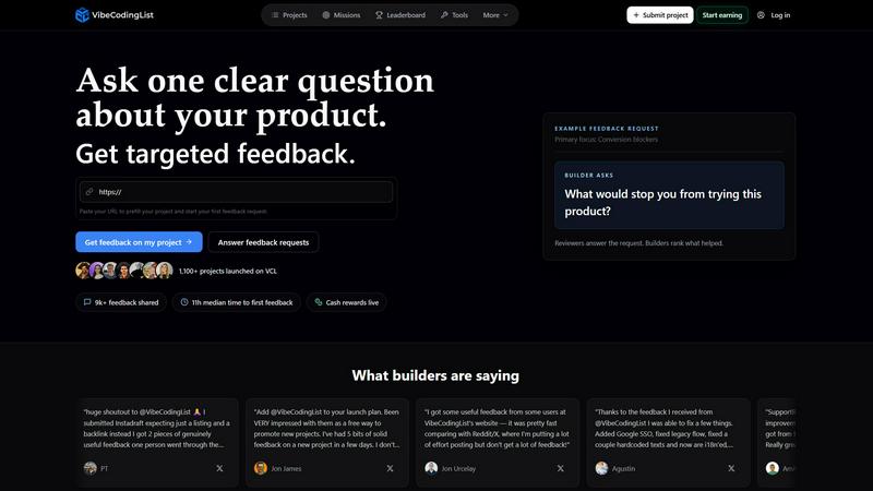 VibeCodingList application interface and features