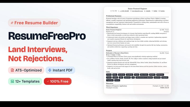 Resume Free Pro application interface and features