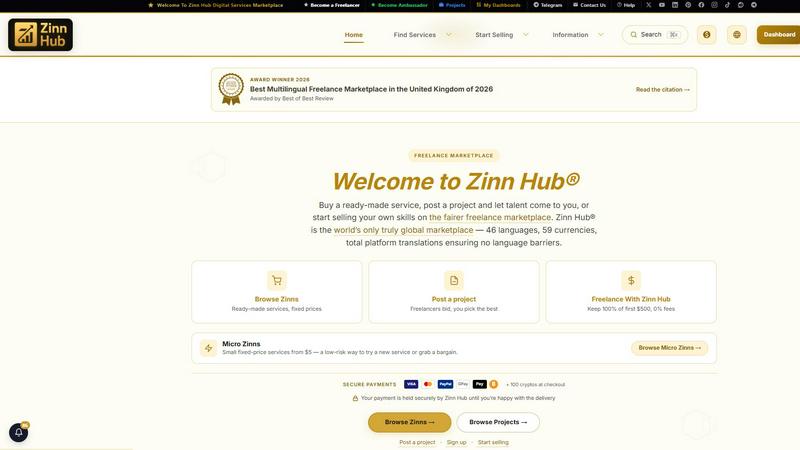 Zinn Hub Freelance Marketplace application interface and features
